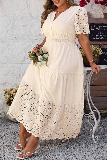 Apricot Plus Size V Neck Lacy Embroidery Patchwork Short Sleeve Maxi Dress