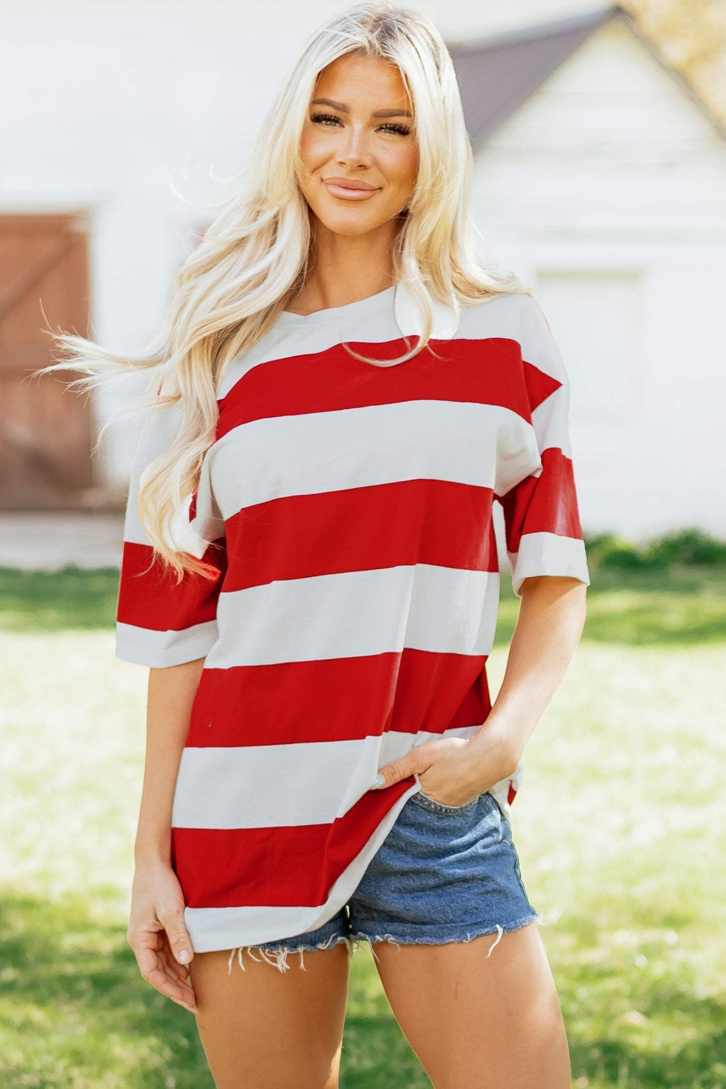 Bright Pink Striped Color Block Oversize Tunic Tee