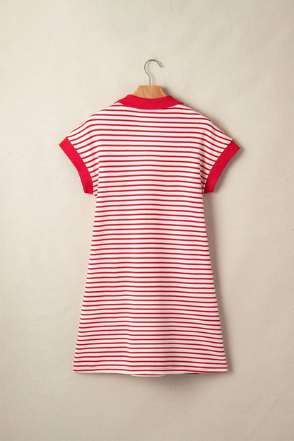 Green Stripe Quarter Zip Polo Collar T Shirt Dress with Pockets