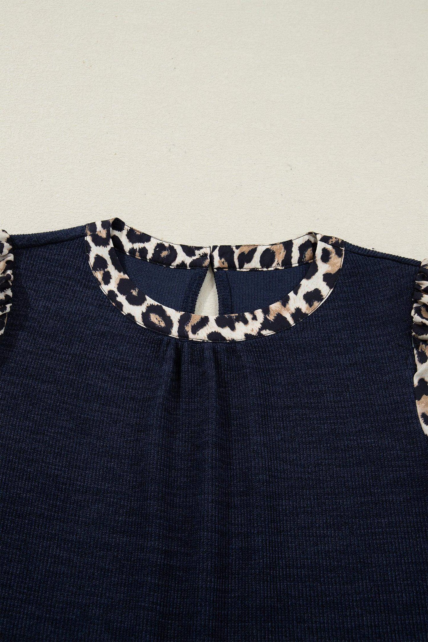 Navy Blue Ribbed Contrast Leopard Patchwork Short Sleeve Top - Sweet Fashion Wholesale