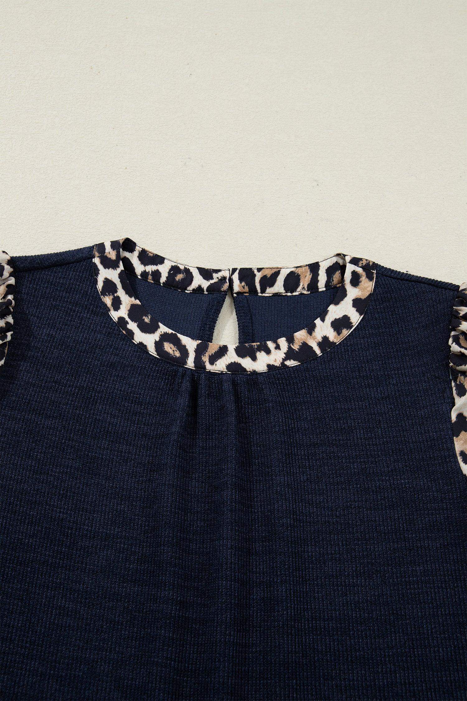 Navy Blue Ribbed Contrast Leopard Patchwork Short Sleeve Top - Sweet Fashion Wholesale