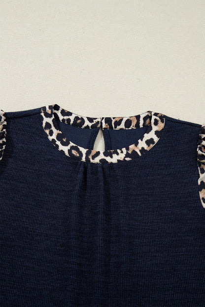 Navy Blue Ribbed Contrast Leopard Patchwork Short Sleeve Top - Sweet Fashion Wholesale