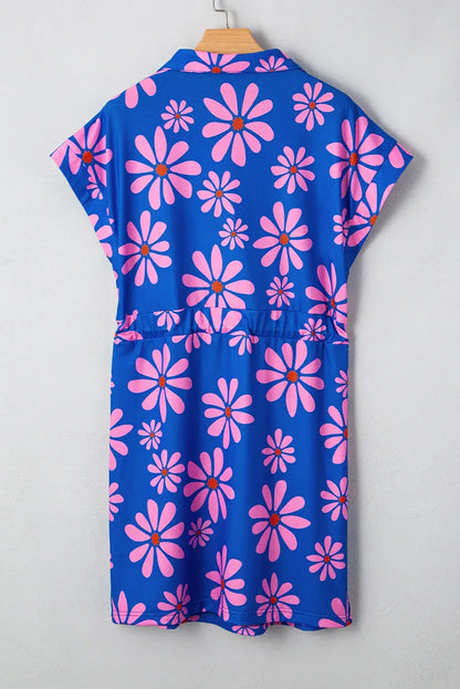 Purple Floral Striped Quarter Zip Cap Sleeve Drawstring Waist Mini Dress