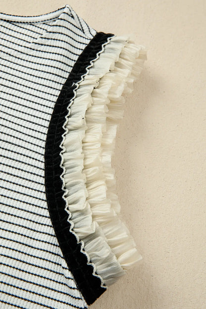 Black Stripe Contrasted Ruffle Trim Casual Tank Top - Sweet Fashion Wholesale