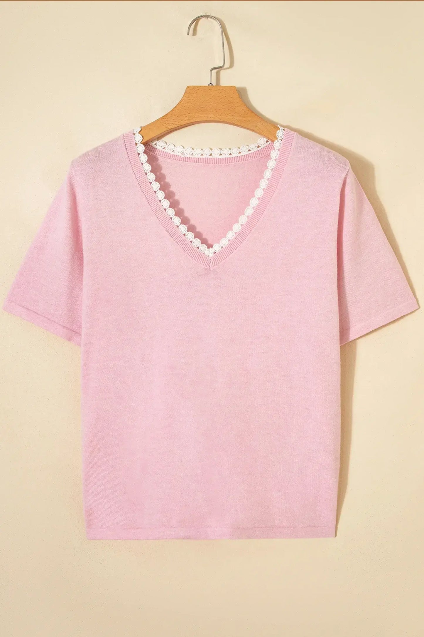 Strawberry Pink Lacy V Neckline Short Sleeve Sweater - Sweet Fashion Wholesale