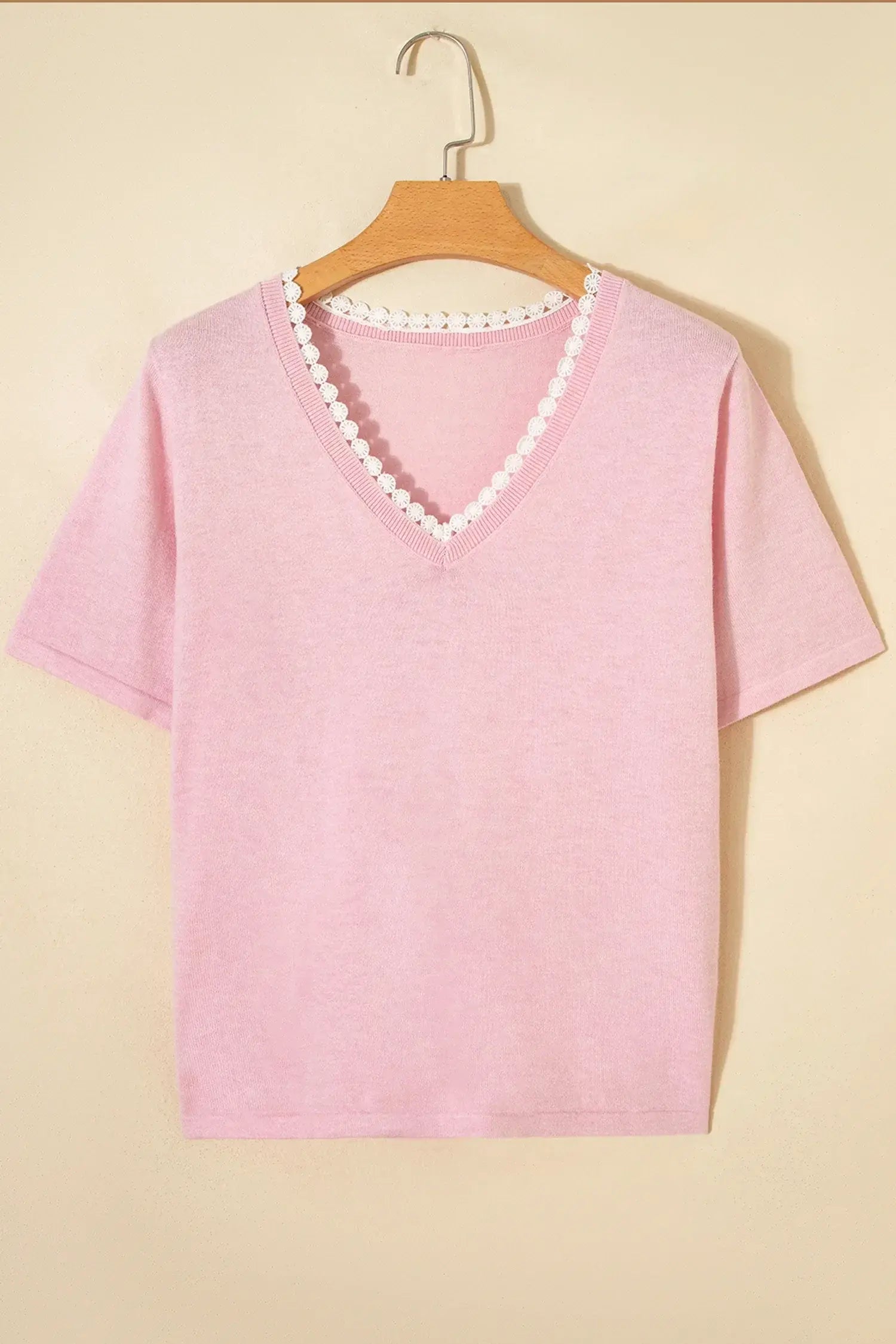 Strawberry Pink Lacy V Neckline Short Sleeve Sweater - Sweet Fashion Wholesale