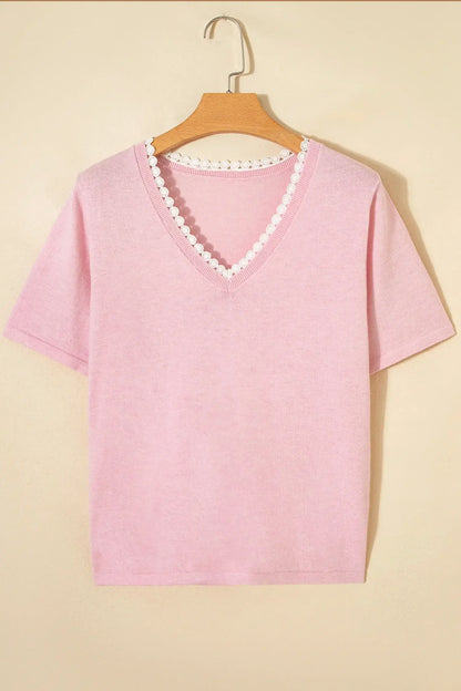 Strawberry Pink Lacy V Neckline Short Sleeve Sweater - Sweet Fashion Wholesale