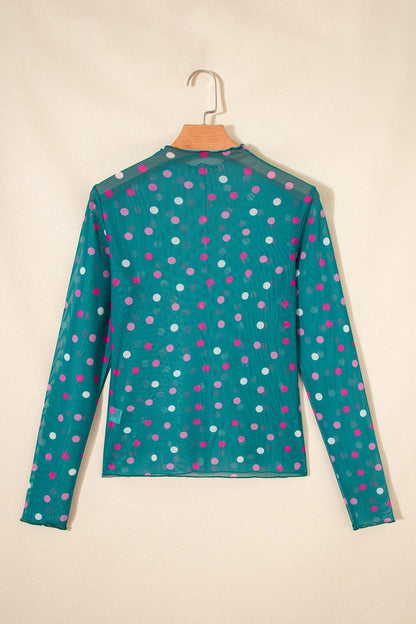 Green Polka Dot Patterned Bodycon Mock Neck Mesh Long Sleeve Top