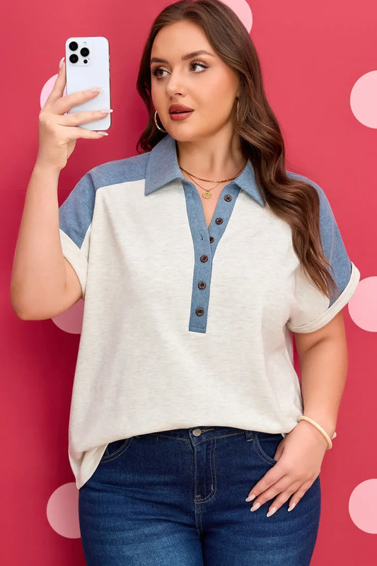 Beige Plus Size Contrast Denim Patchwork Cuffed Sleeve Polo Tee - Sweet Fashion Wholesale