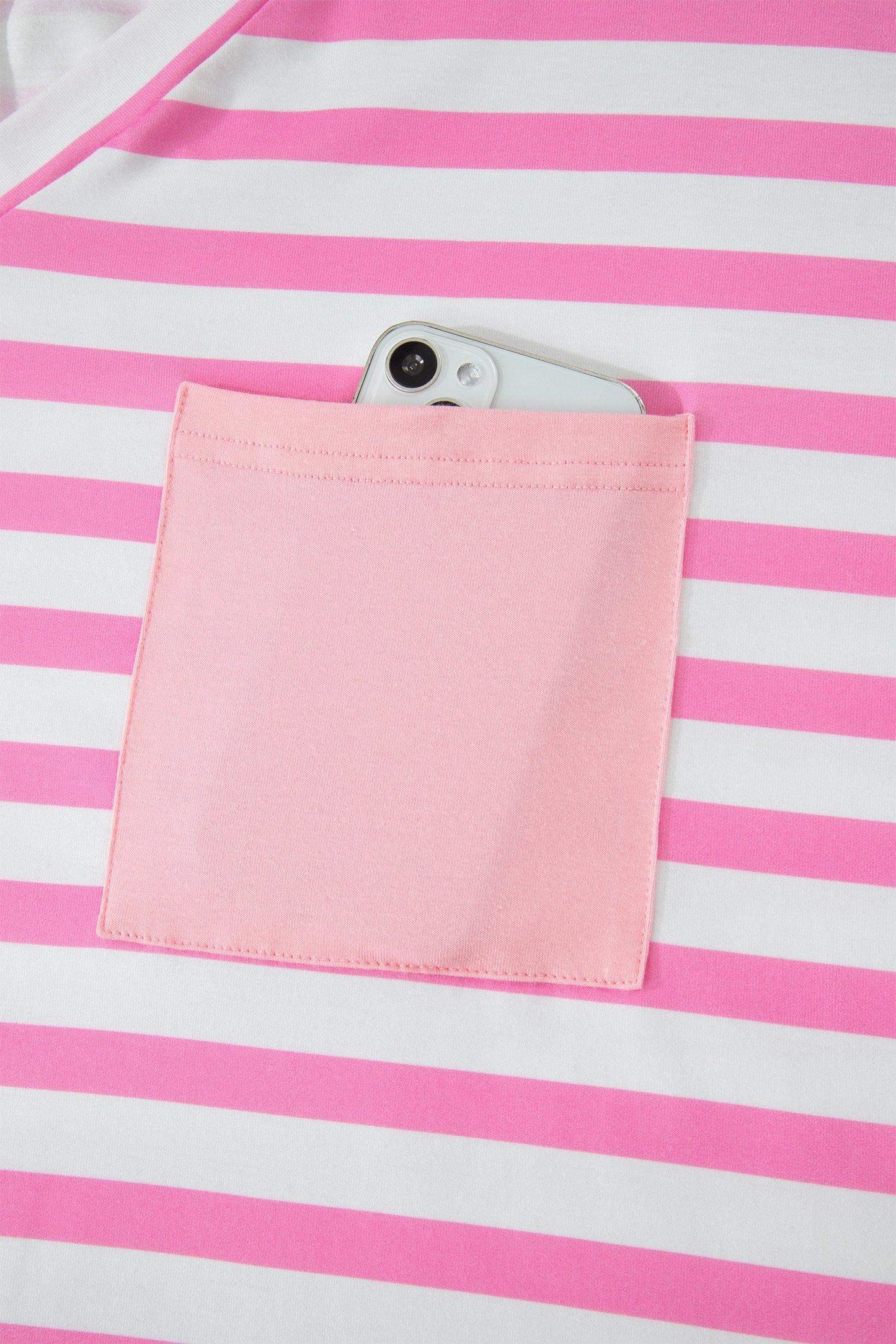 Pink Stripe Colorblock Patched Pocket V Neck Plus Size Tee - Sweet Fashion Wholesale