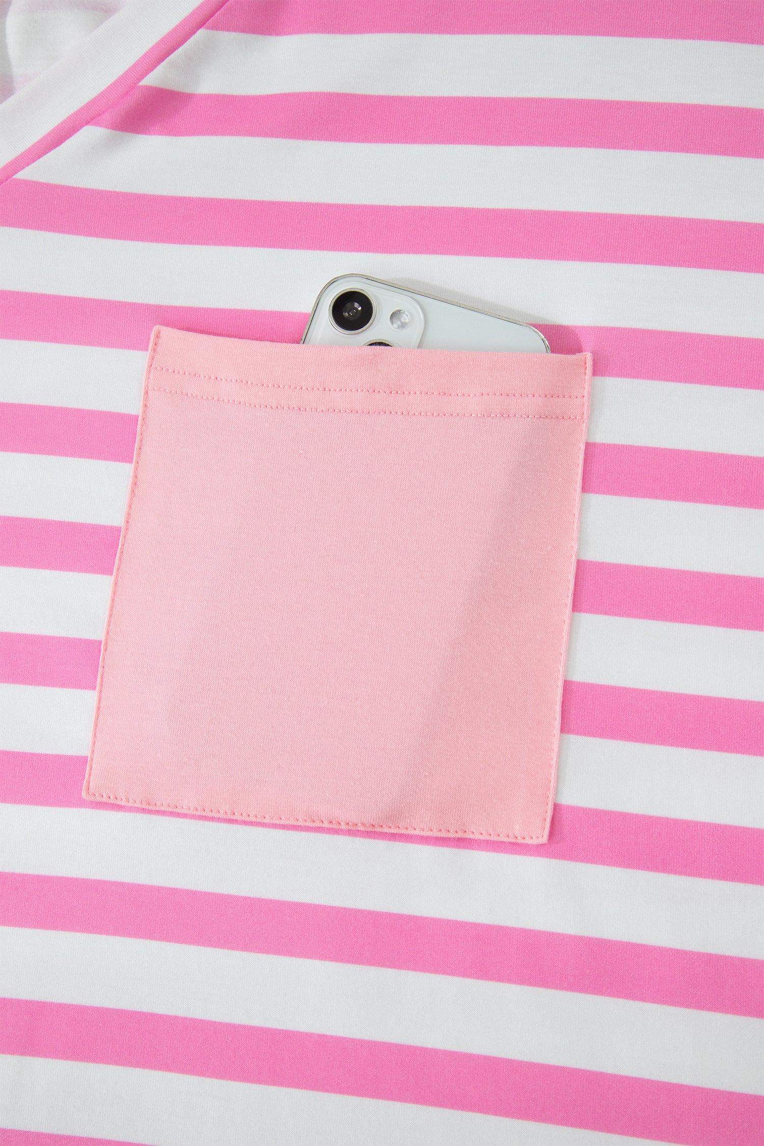 Pink Stripe Colorblock Patched Pocket V Neck Plus Size Tee - Sweet Fashion Wholesale