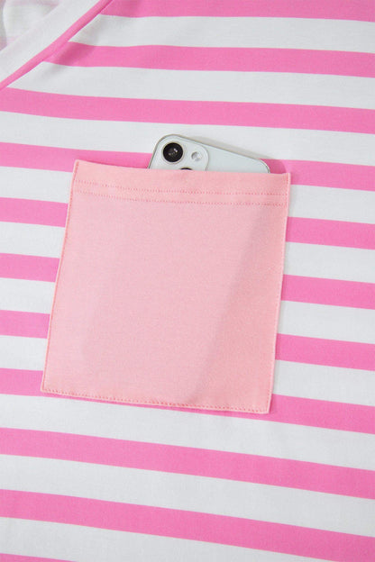 Pink Stripe Colorblock Patched Pocket V Neck Plus Size Tee - Sweet Fashion Wholesale