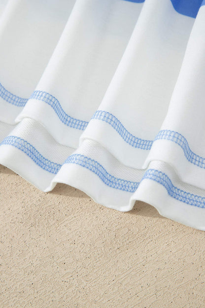 Sky Blue Stripe Drop Shoulder Zipped Collar T Shirt Plus Size Shorts Set