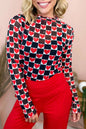 Black Plaid Heart Mesh Sheer Long Sleeve High Neck Blouse
