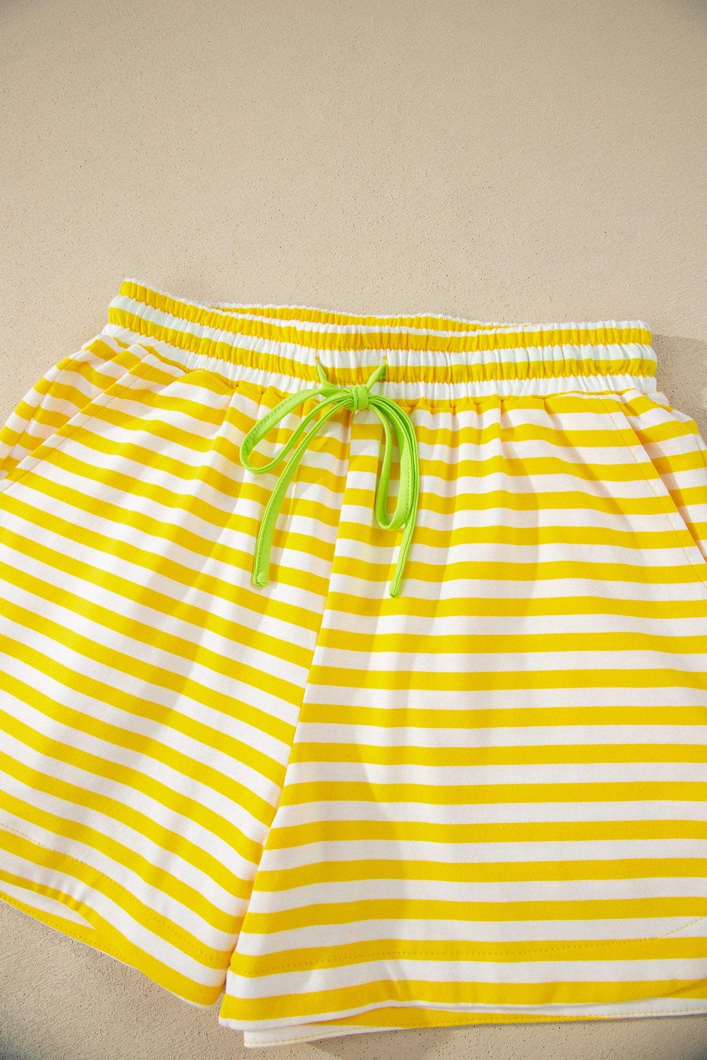 Yellow Stripe Contrast Neck Loose Tee and Drawstring Shorts Set