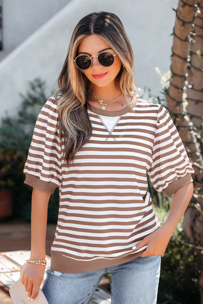 Khaki Stripe Short Bubble Sleeve T Shirt - Sweet Fashion Wholesale