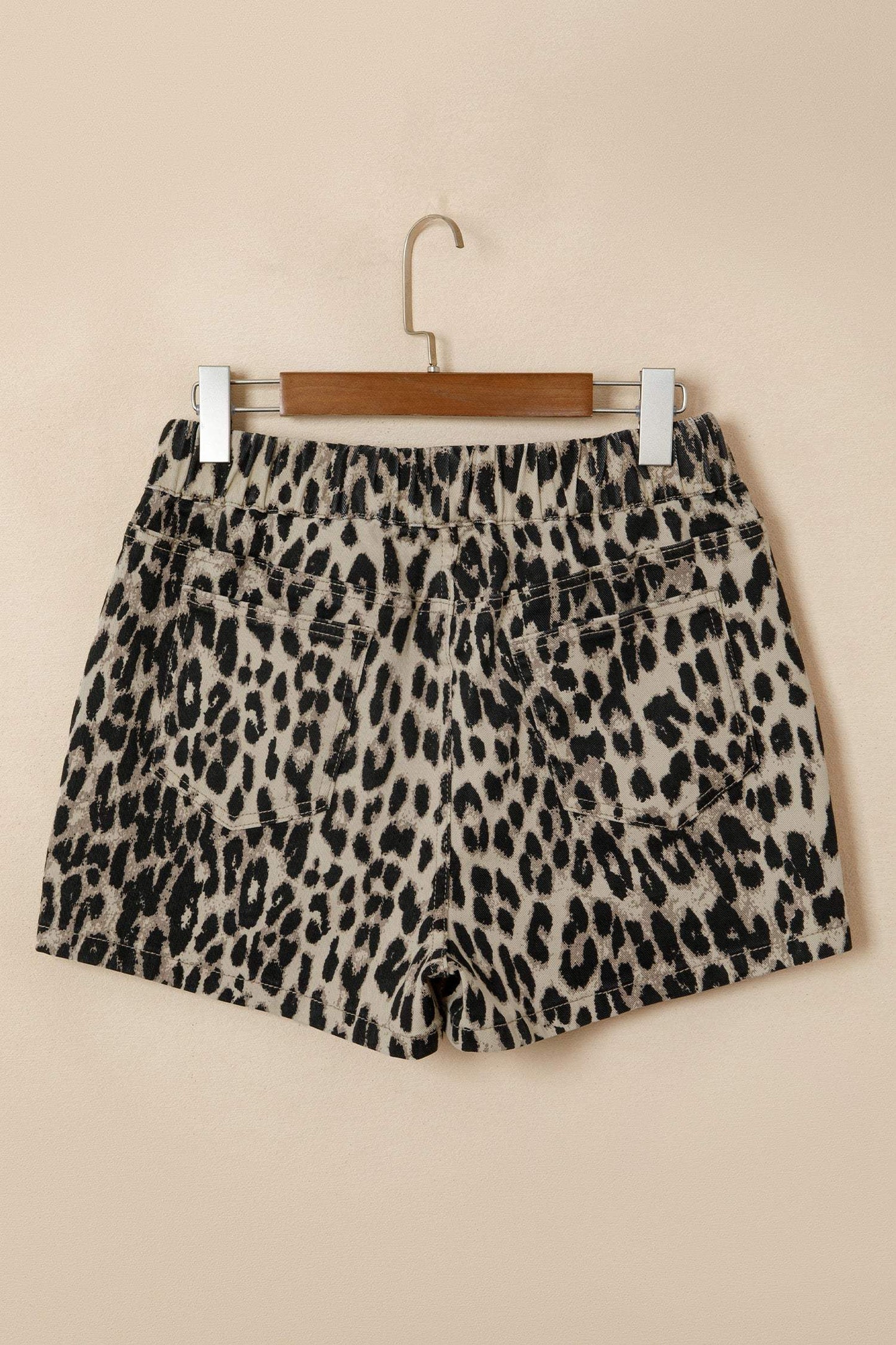Brown Retro Leopard Print Lace-up Elastic Waistband Mid Rise Denim Shorts