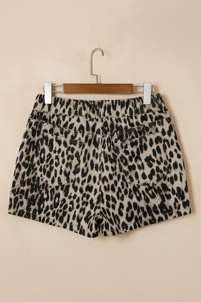Brown Retro Leopard Print Lace-up Elastic Waistband Mid Rise Denim Shorts