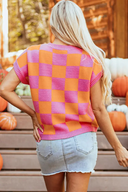 Light French Beige Colorblock Plaid Pattern Ribbed Trim Sweater Tank Top - Sweet Fashion Wholesale