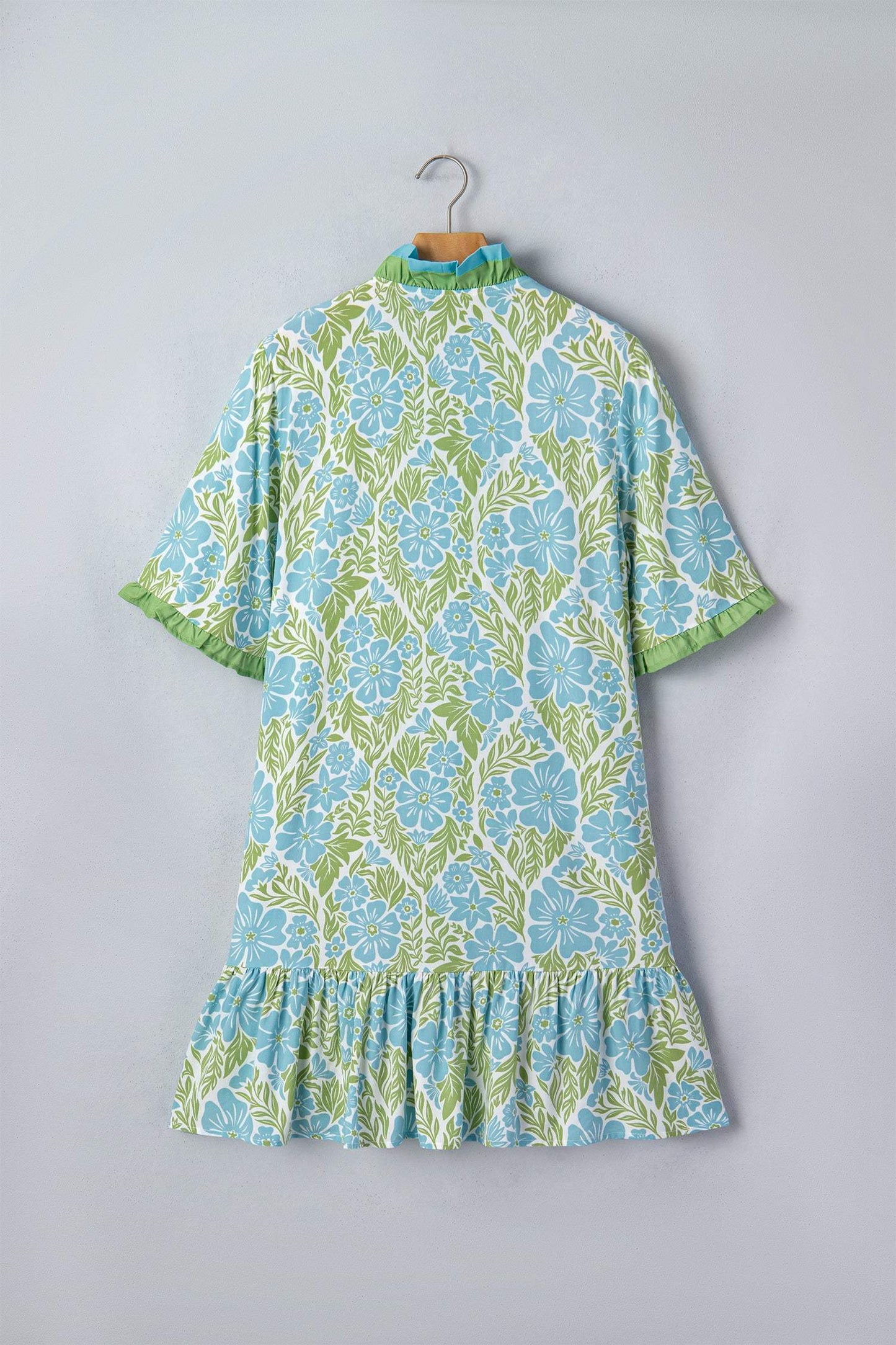 Sky Blue Botanical Floral Print Frilled Trim V Neck Button Front Loose Dress