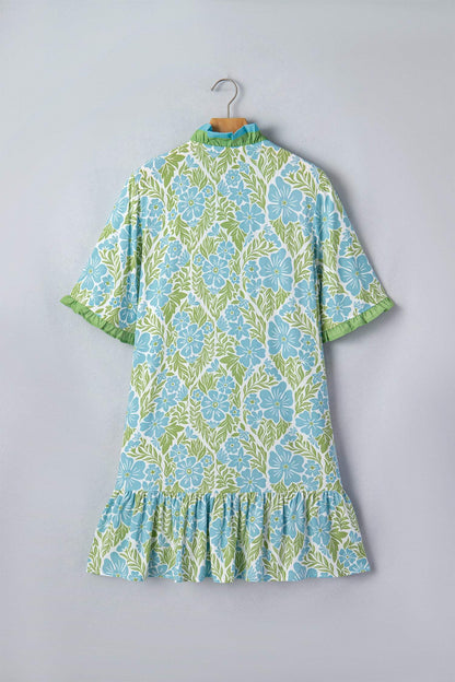 Sky Blue Botanical Floral Print Frilled Trim V Neck Button Front Loose Dress