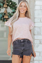 Light Pink Twilled Print Lace Trim Ruffled Short Sleeve Blouse - Sweet Fashion Wholesale