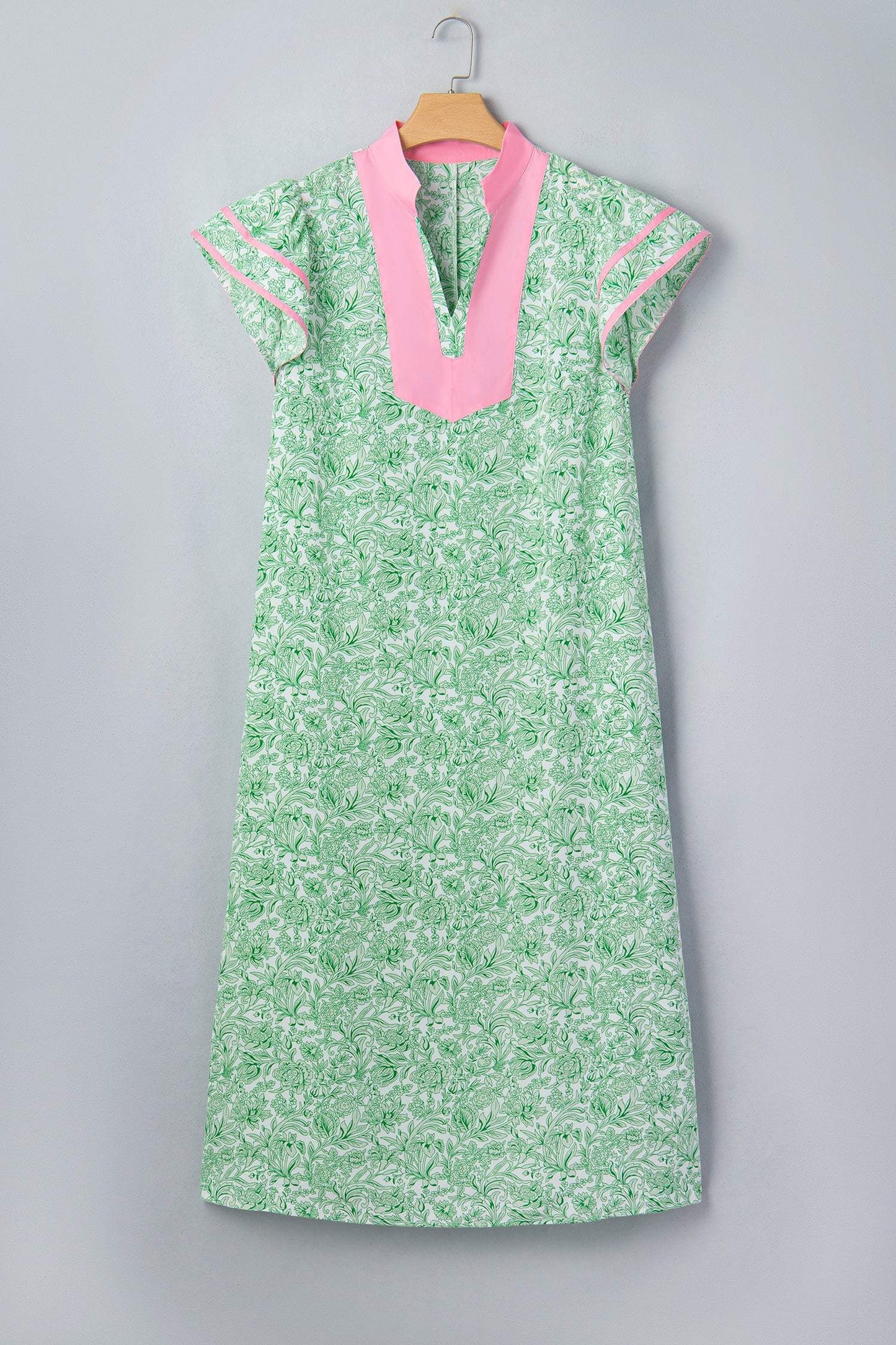 Green Plus Size Contrast Trim Flutter Sleeve Floral Kaftan Maxi Dress