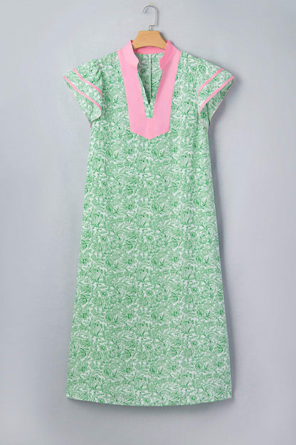 Green Plus Size Contrast Trim Flutter Sleeve Floral Kaftan Maxi Dress