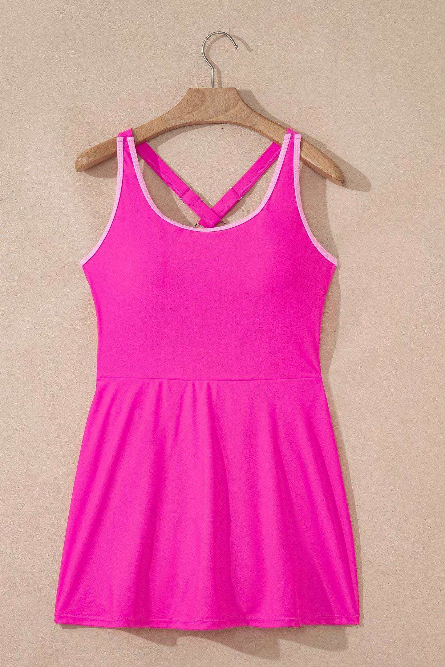 Rose Red Contrast Trim Neckline Active Shorts Attached One Piece Swim Dress - Sweet Fashion Wholesale