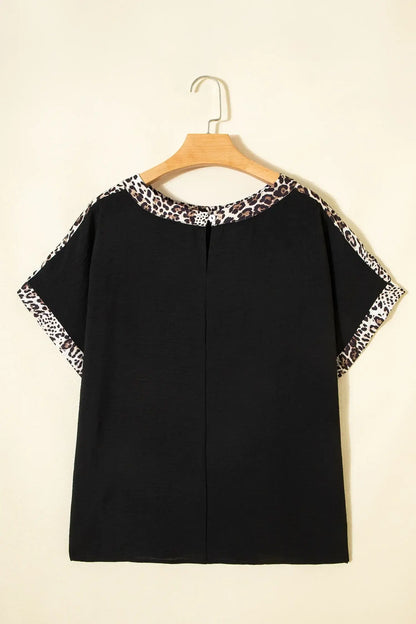 Black Plus Size Leopard Patchwork Round Neck Loose Tee - Sweet Fashion Wholesale
