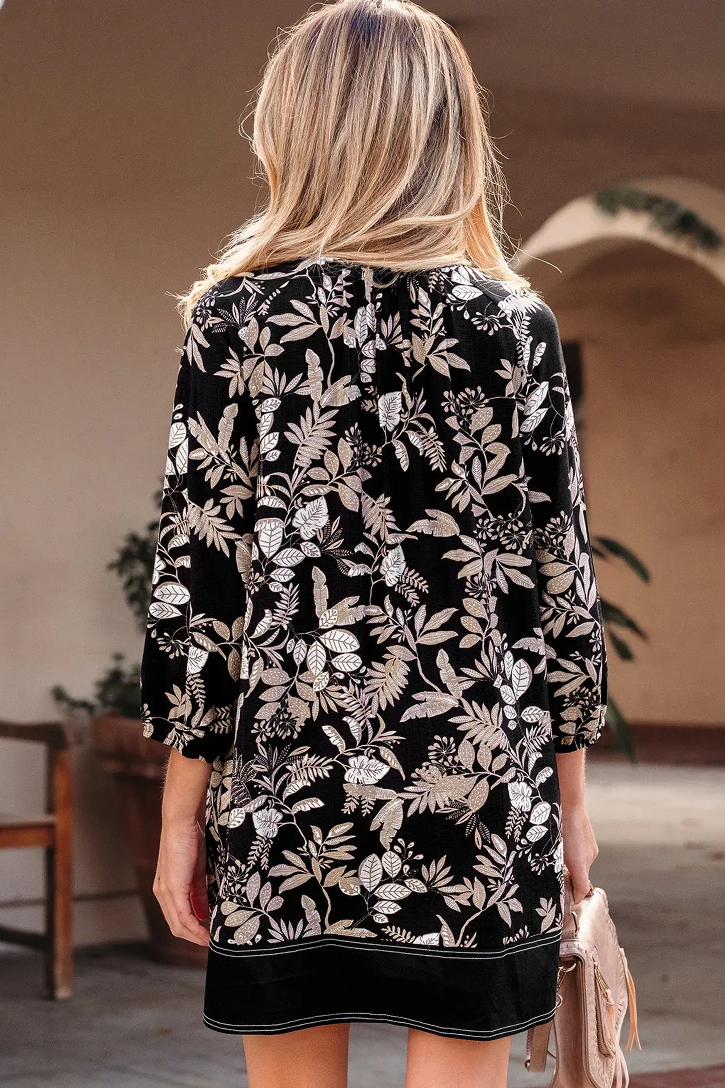 Black 3/4 Sleeve Botanical Print Split Neck Loose Mini Dress - Sweet Fashion Wholesale