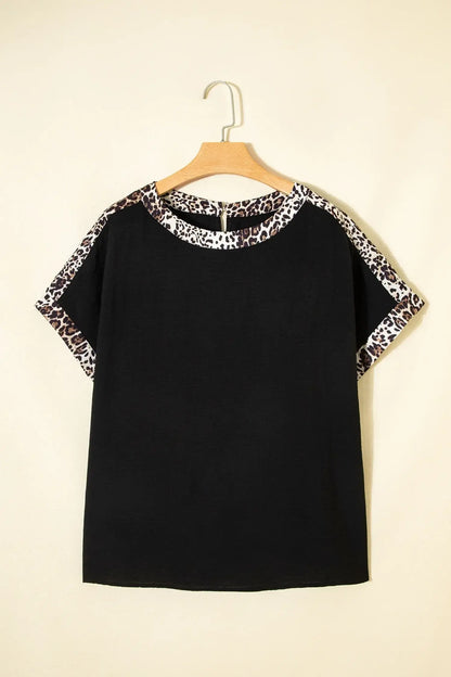 Black Plus Size Leopard Patchwork Round Neck Loose Tee - Sweet Fashion Wholesale