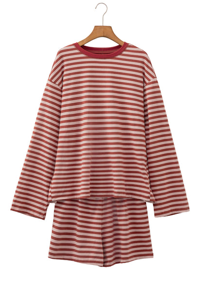 Brown Stripe Relaxed Long Sleeve Top Contrast Elastic Waistband Short Set