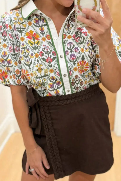Green Short Bubble Sleeve Floral Shirt - Sweet Fashion Wholesale