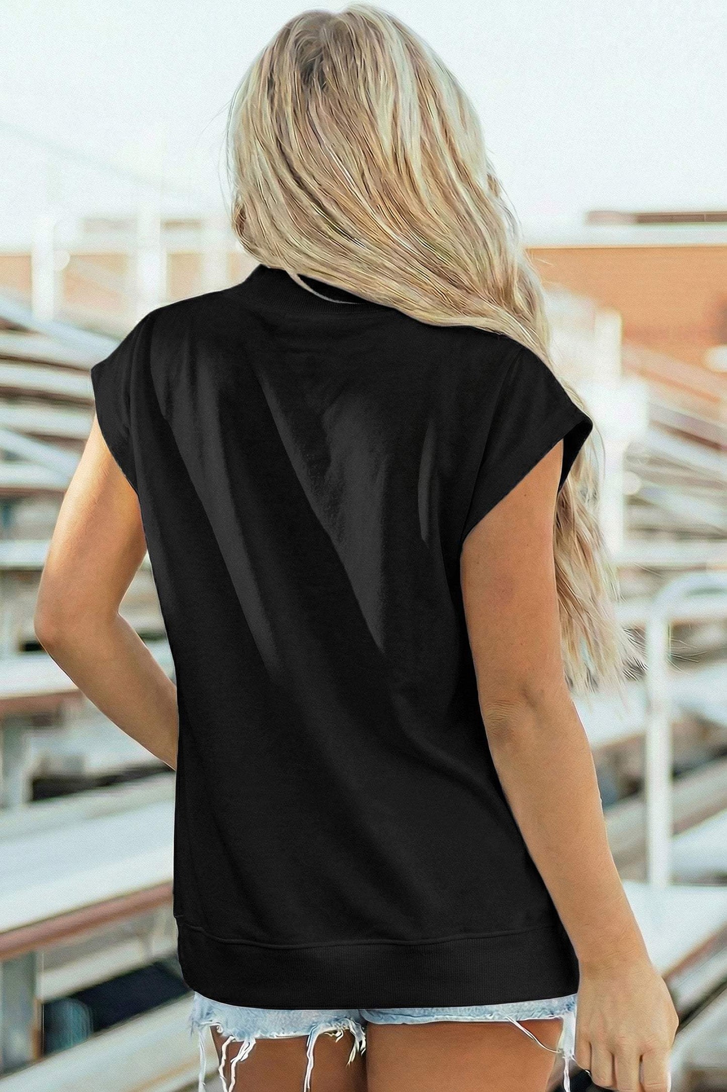 Sky Blue Solid Color High Neck Cap Sleeve Loose Top