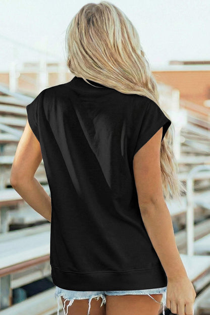 Sky Blue Solid Color High Neck Cap Sleeve Loose Top