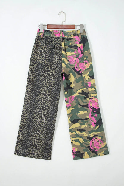 Multicolour Abstract Camouflage Print Contrast Leopard Patchwork Straight Leg Jeans - Sweet Fashion Wholesale