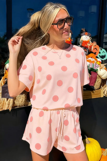 Pink Polka Dot Print Loose Tee Drawstring Elastic Waist Short Set - Sweet Fashion Wholesale