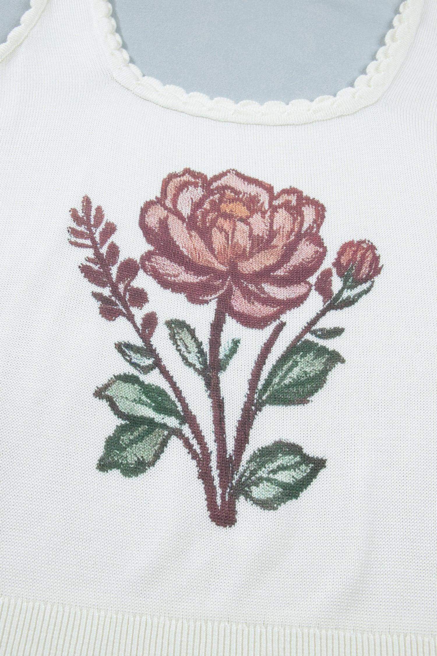 White Plus Size Floral Print Scalloped Trim Square Neck Sweater Vest - Sweet Fashion Wholesale
