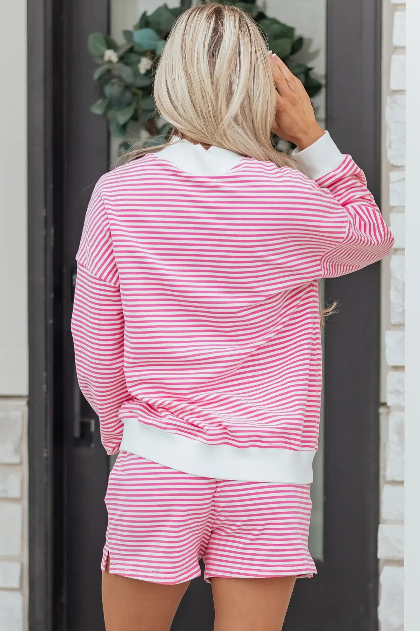 Sky Blue Stripe Oversize Mock Neck Sweatshirt and Shorts Set - Sweet Fashion Wholesale