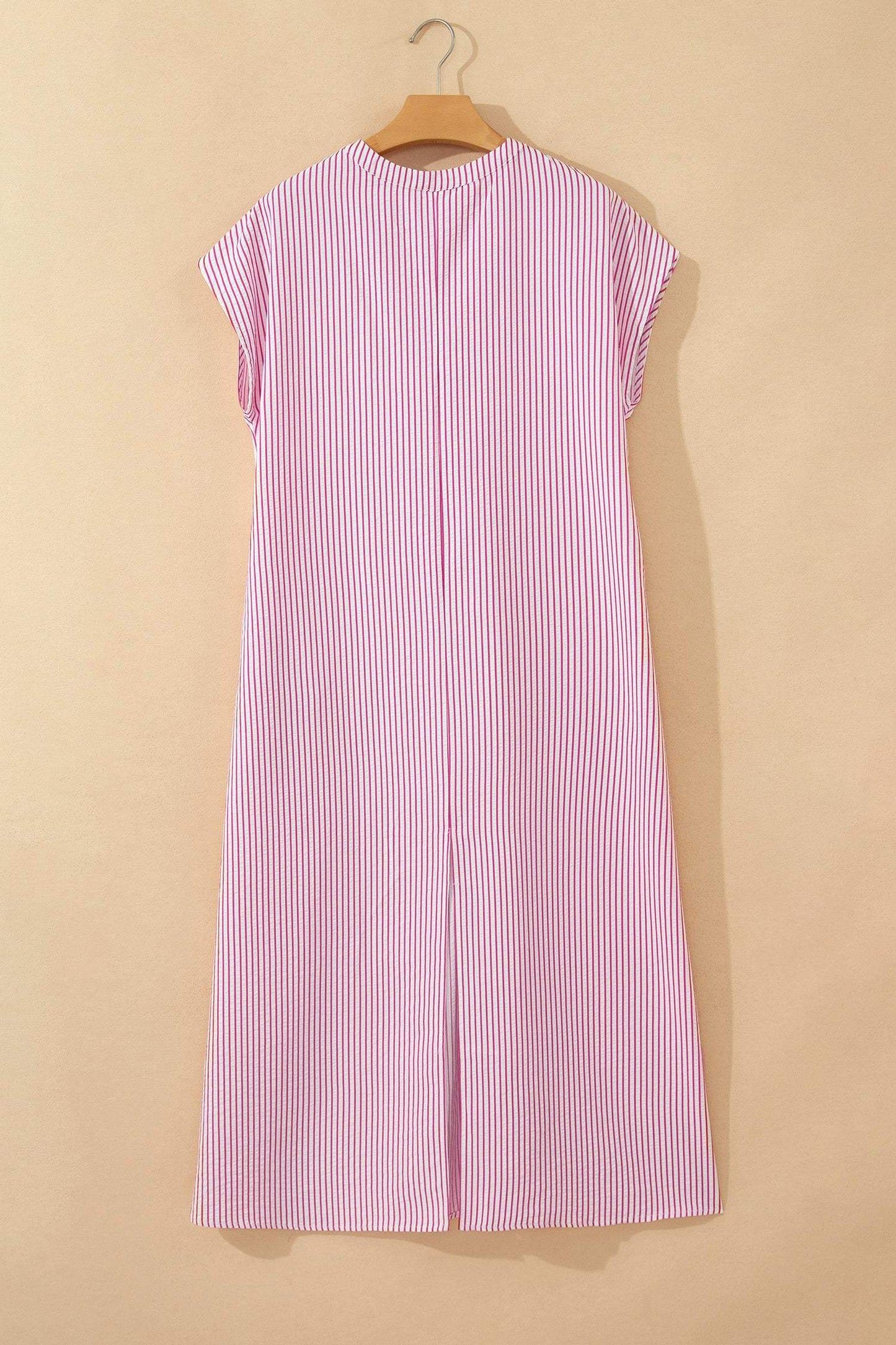 Red Stripe Frilled Detail Half Buttons Short Sleeve Long Dress