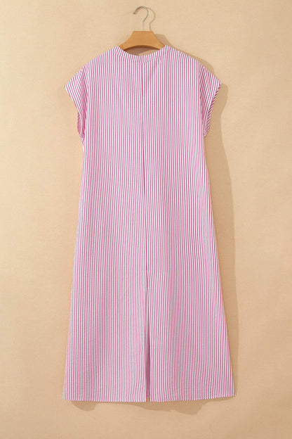 Red Stripe Frilled Detail Half Buttons Short Sleeve Long Dress