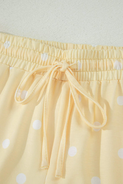 Yellow Exposed Seam Detail Polka Dot Loose Tee Drawstring Shorts Set