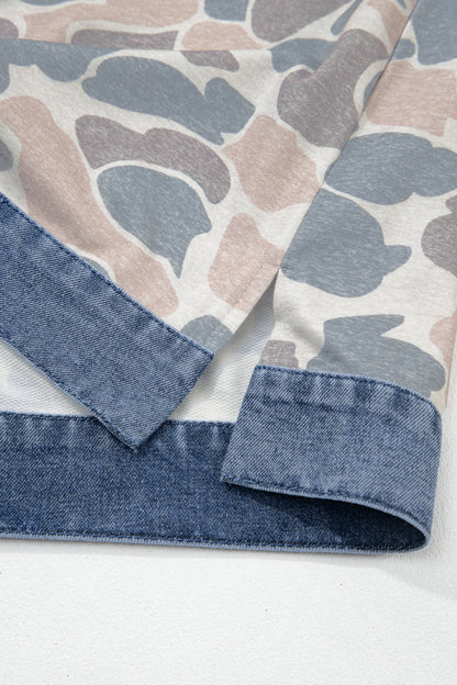 Multicolour Camouflage Print Denim Patchwork Polo Collar Tee