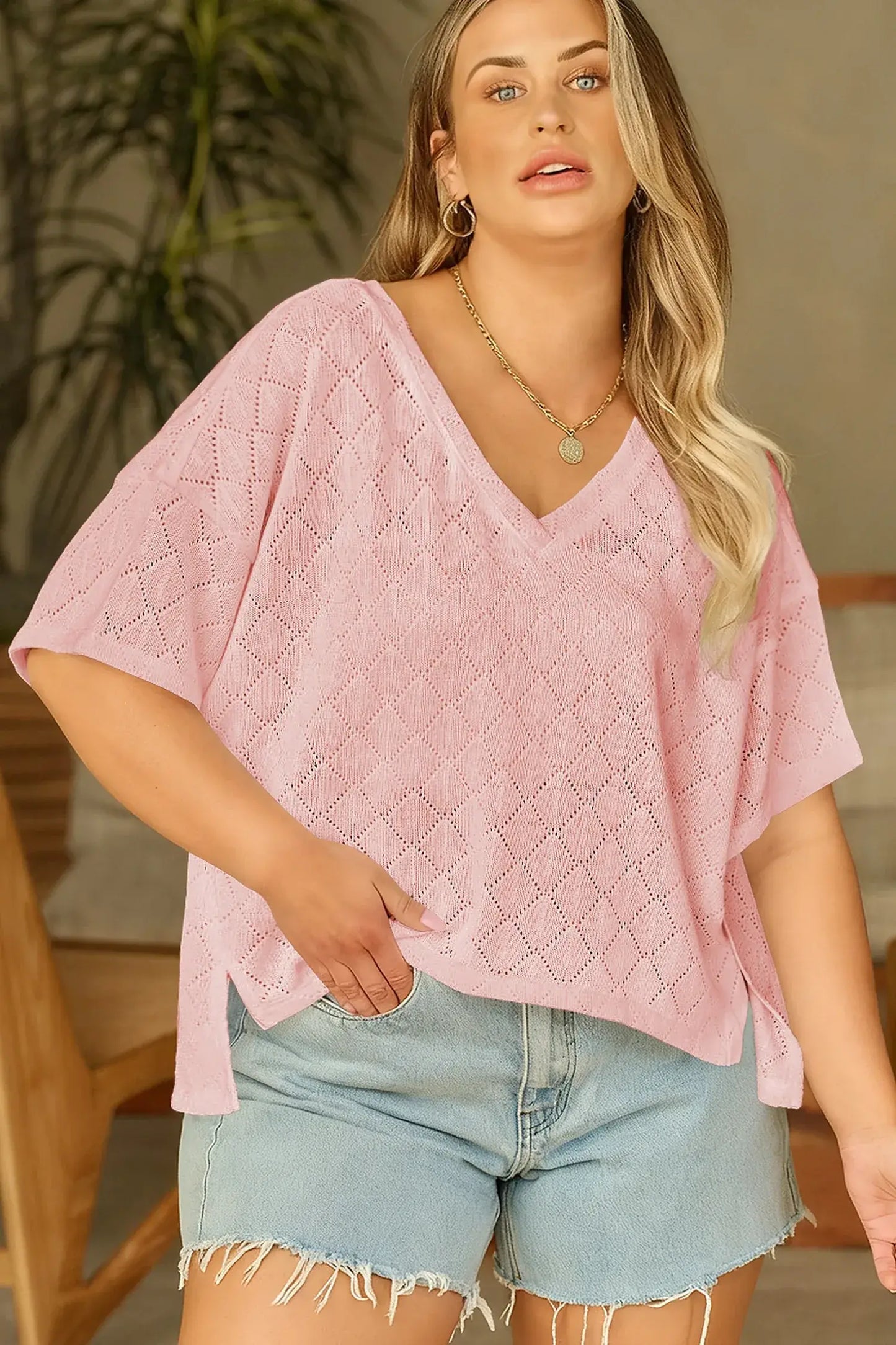 Black Pointelle Rhombus Knit Plus Size V Neck Loose Top - Sweet Fashion Wholesale