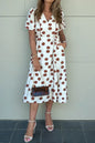 White Polka Dot Printed V Neck Short Sleeve Tie Waist Midi Dress - Sweet Fashion Wholesale