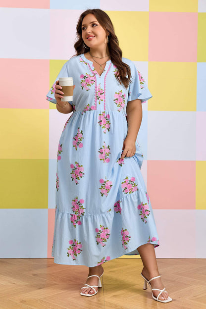 Sky Blue Plus Size Floral Print Scalloped Trim V-Neck Dress