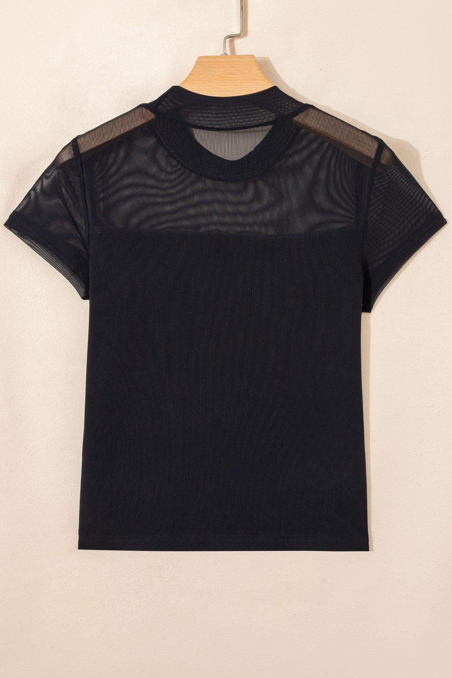 Black Sheer Mesh Patchwork Cap Sleeve T Shirt - Sweet Fashion Wholesale