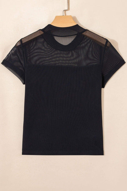 Black Sheer Mesh Patchwork Cap Sleeve T Shirt - Sweet Fashion Wholesale