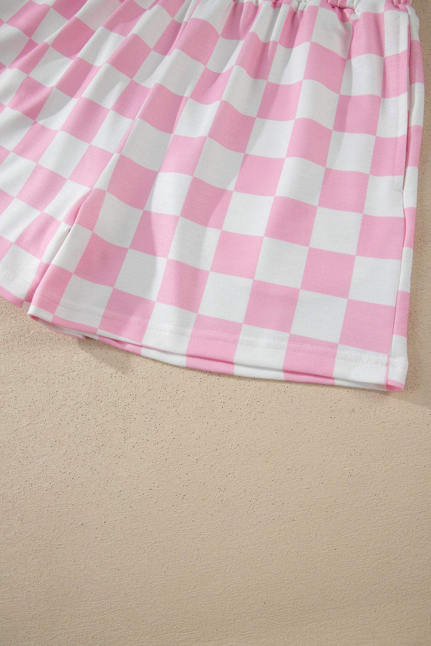 Black Checkered Print Color Block Trim Mock Neck Short Set